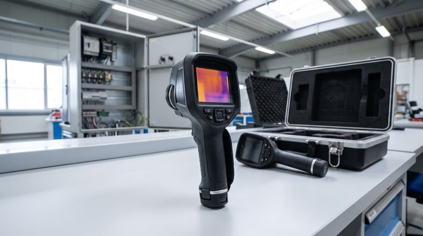 Cámara termográfica industrial sobre una mesa de trabajo junto a un tablero eléctrico