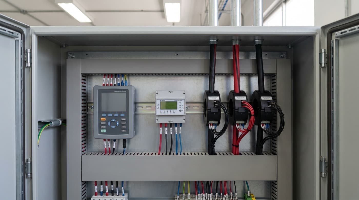 Analizador de calidad de energía y medidor trifásico instalados en un gabinete de control