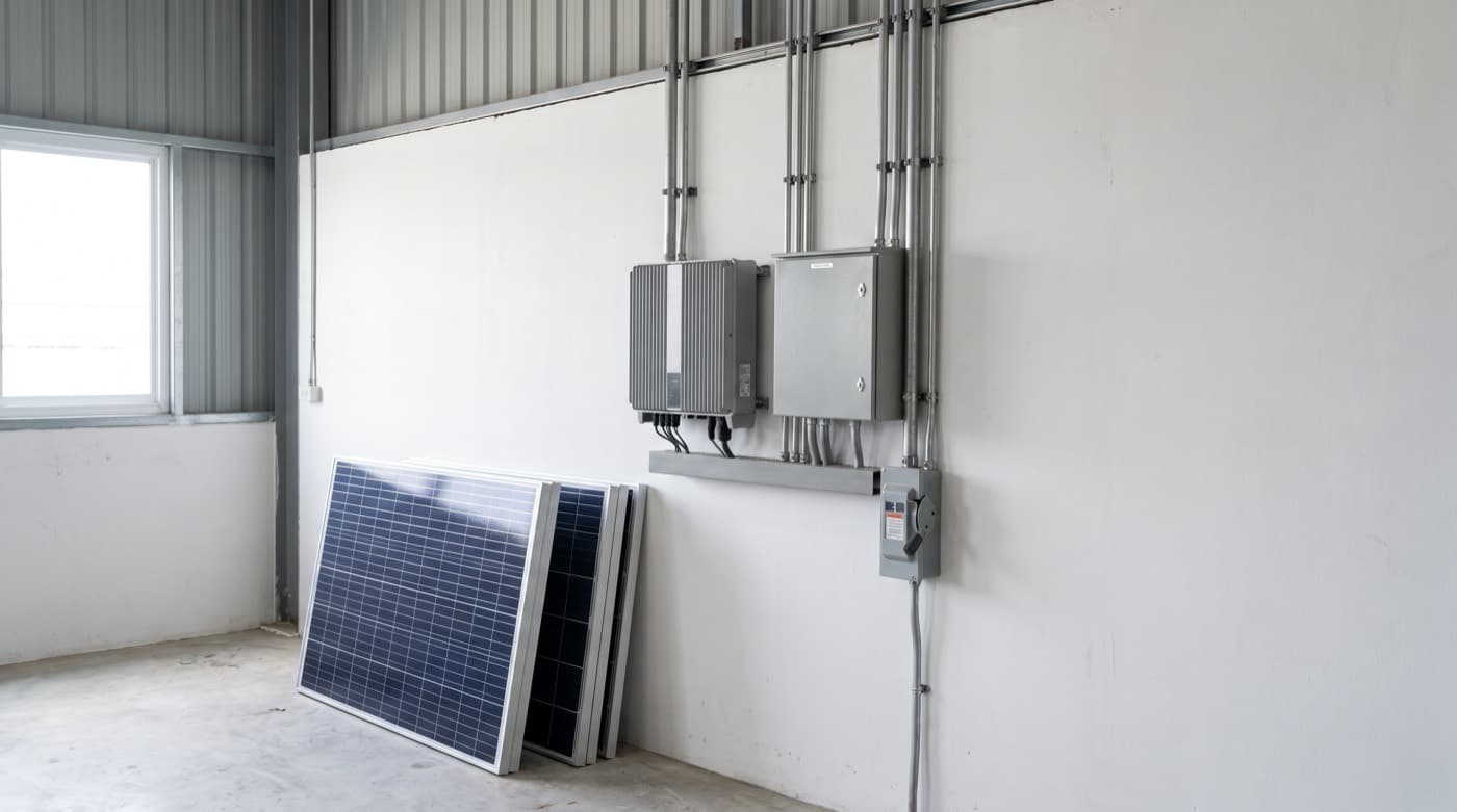 Inversor solar y caja combinadora instalados en pared, con módulos fotovoltaicos al frente