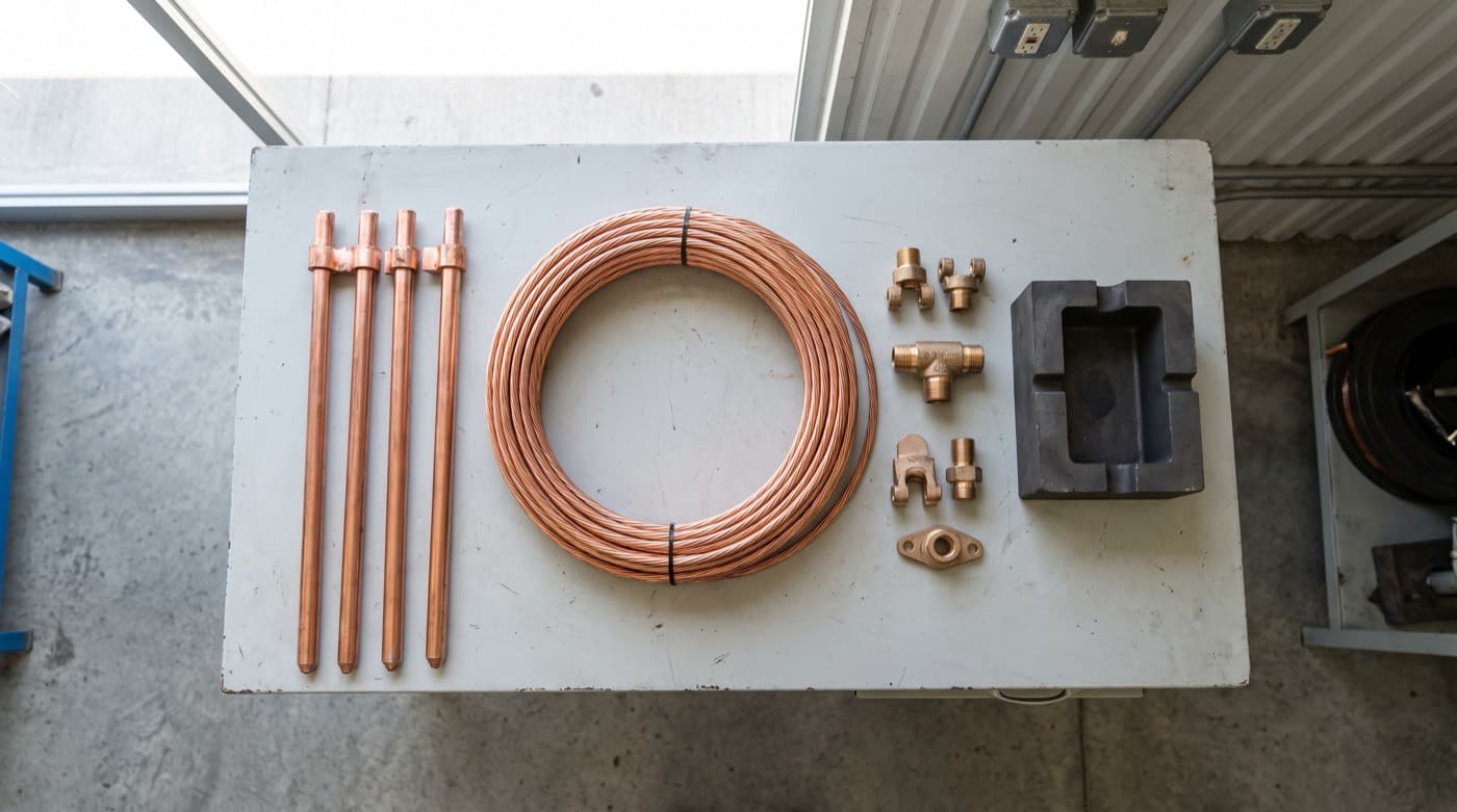Materiales de puesta a tierra: varillas de cobre, conectores y moldes de soldadura exotérmica
