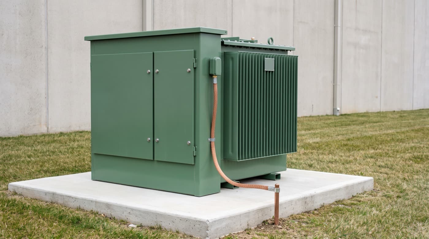 Transformador de distribución tipo pedestal instalado en una subestación