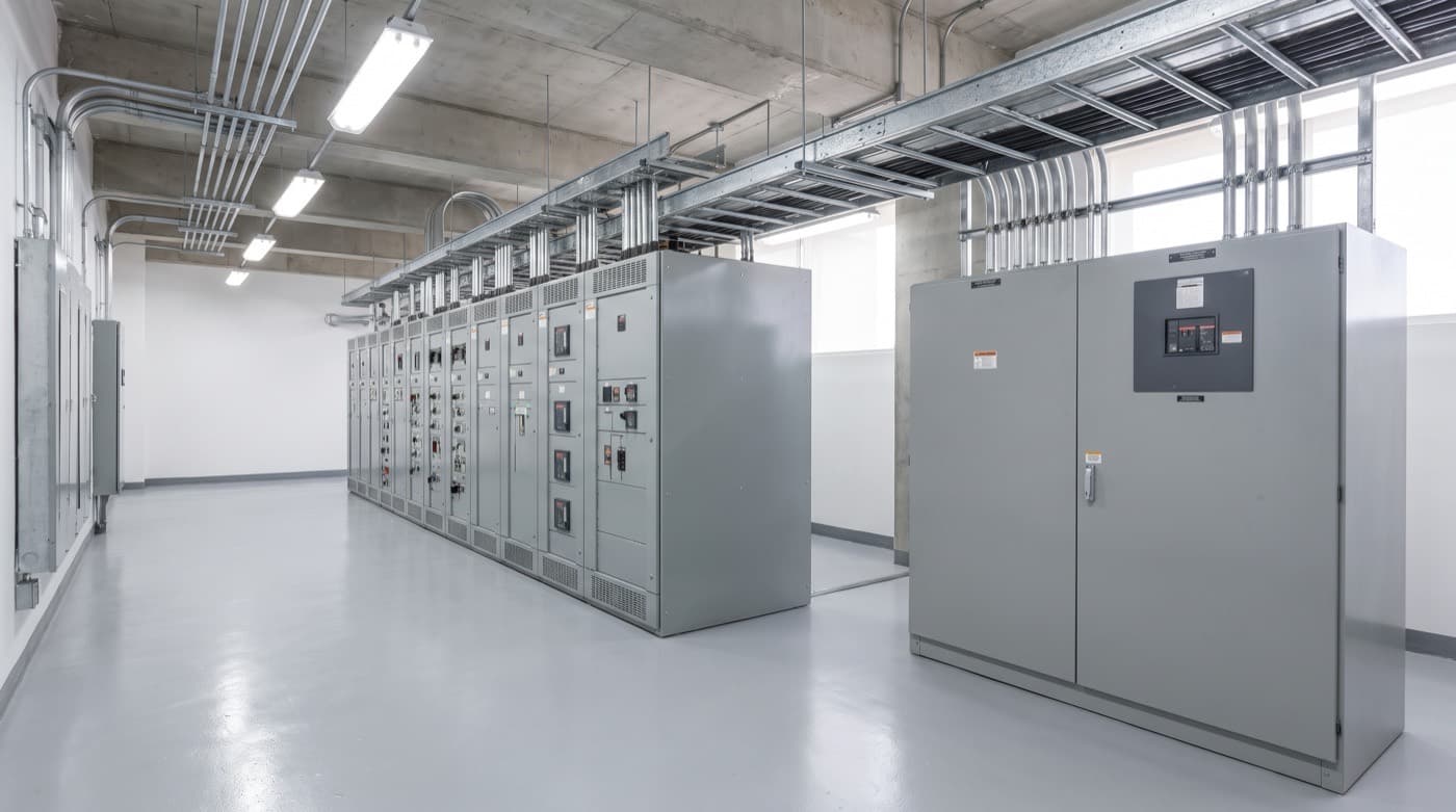 Cuarto de máquinas de un edificio corporativo con equipo eléctrico de respaldo