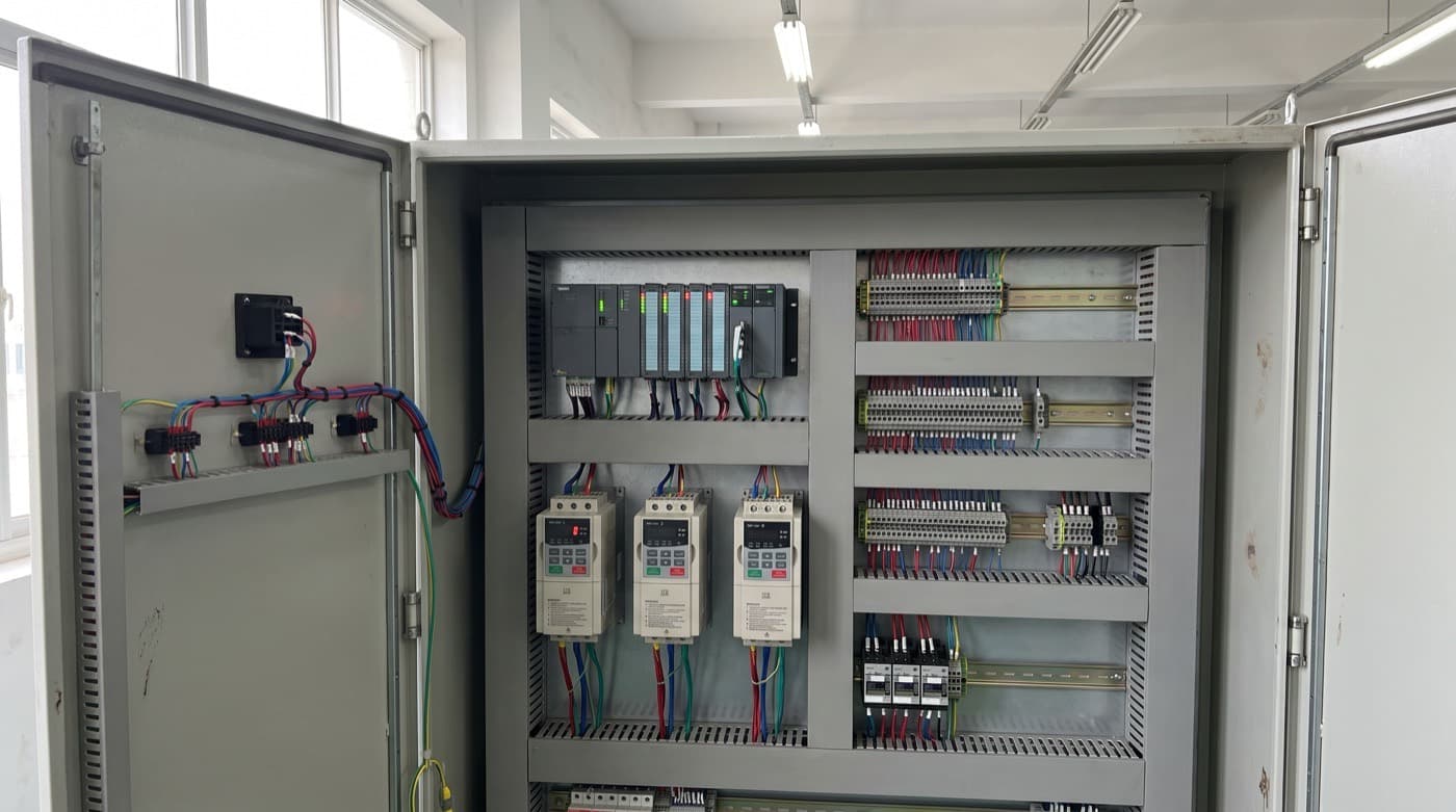 Tablero de control industrial con PLC, variadores de frecuencia y cableado ordenado