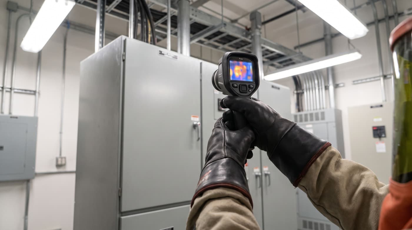 Técnico realizando inspección termográfica infrarroja sobre un tablero eléctrico energizado