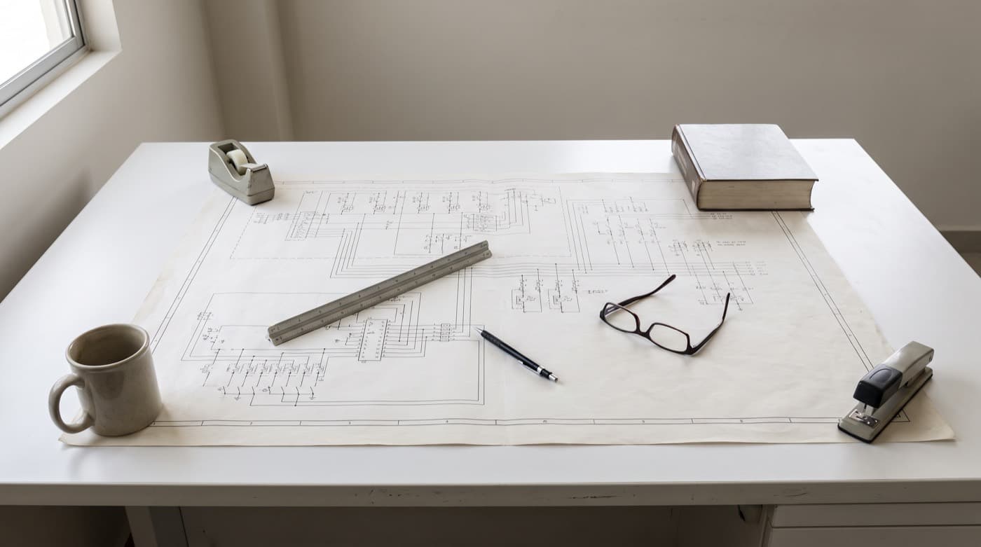 Planos eléctricos ejecutivos y diagramas unifilares sobre mesa de trabajo de ingeniería