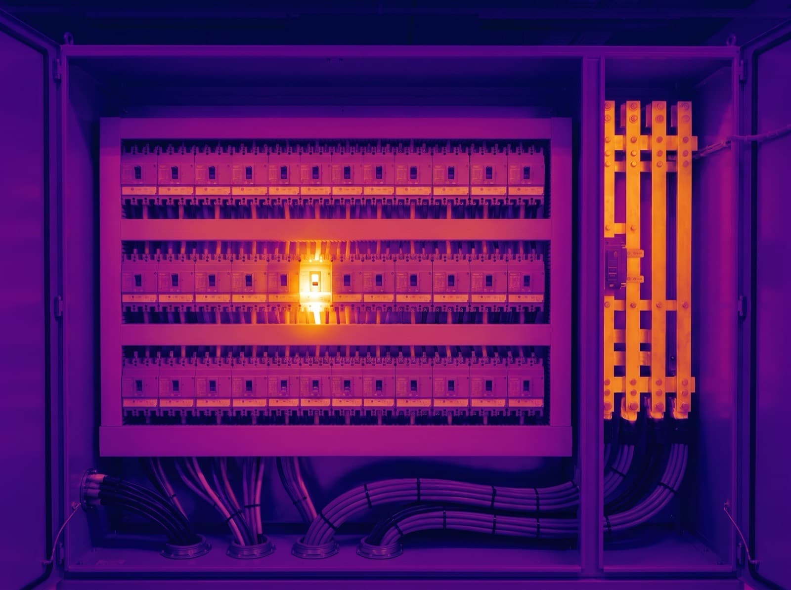 Imagen termográfica del mismo tablero, con un punto caliente en una conexión de la fila central